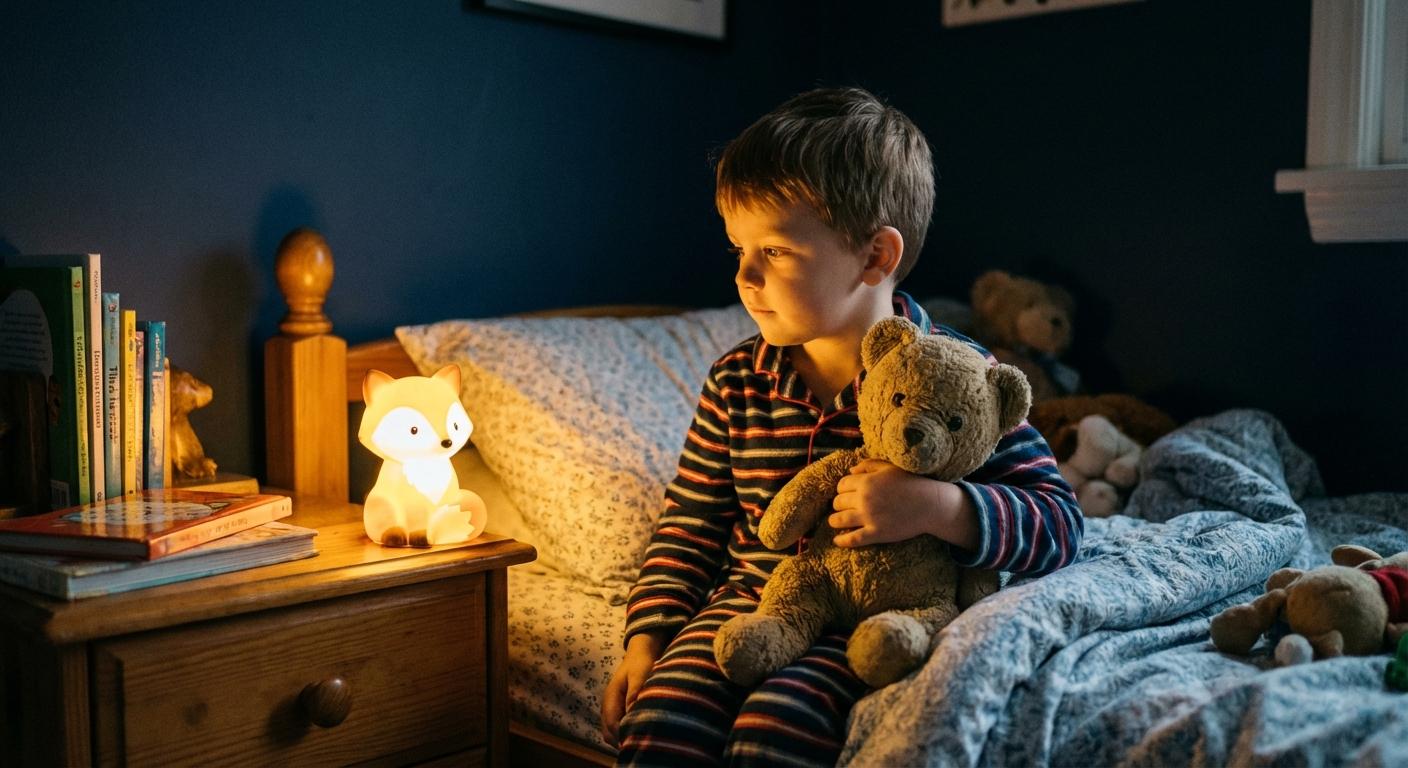 Un petit garçon dans son lit éclairé par une veilleuse pour apaiser un enfant peur du noir