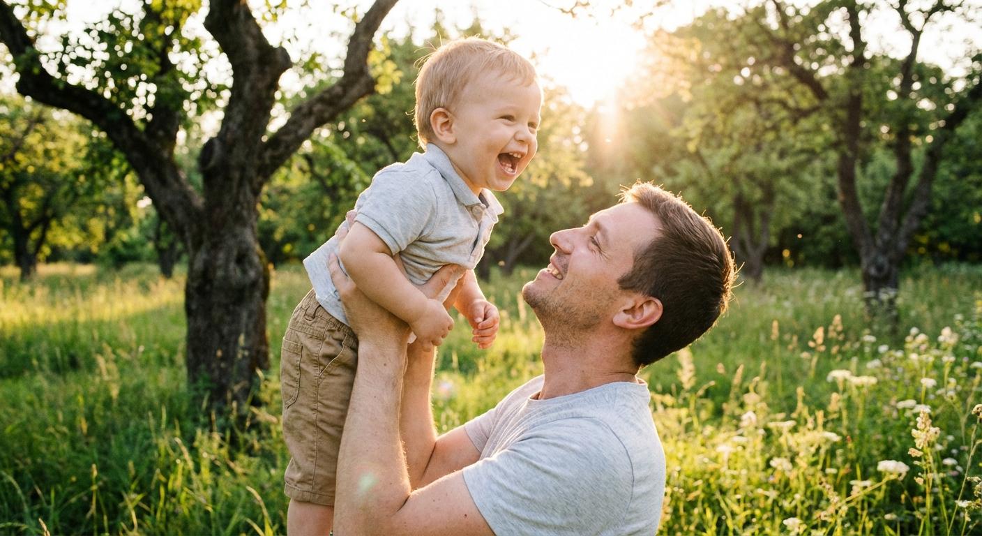 A father playing happily with his child in a sunny park illustrating the happiness of being a good parent.