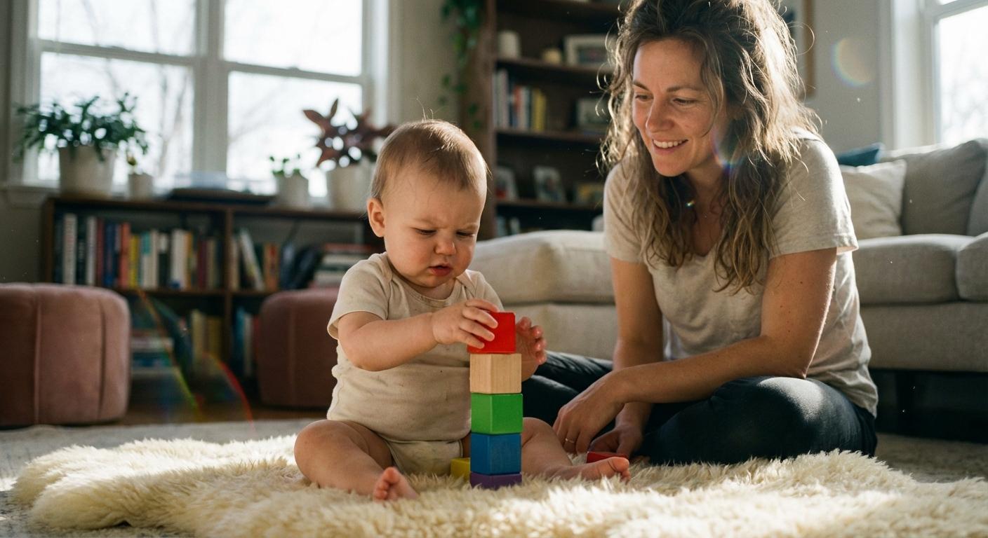 A baby playing with blocks with his attentive mother in a living room showing the patience needed to be a good parent.