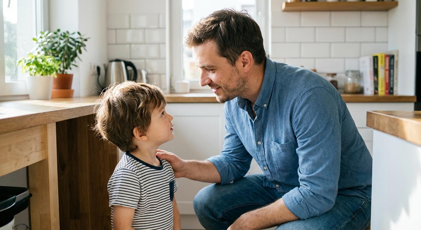 A father crouching at his son's height=