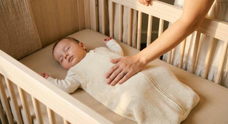 Mom caressing her child to help make baby sleep in his crib