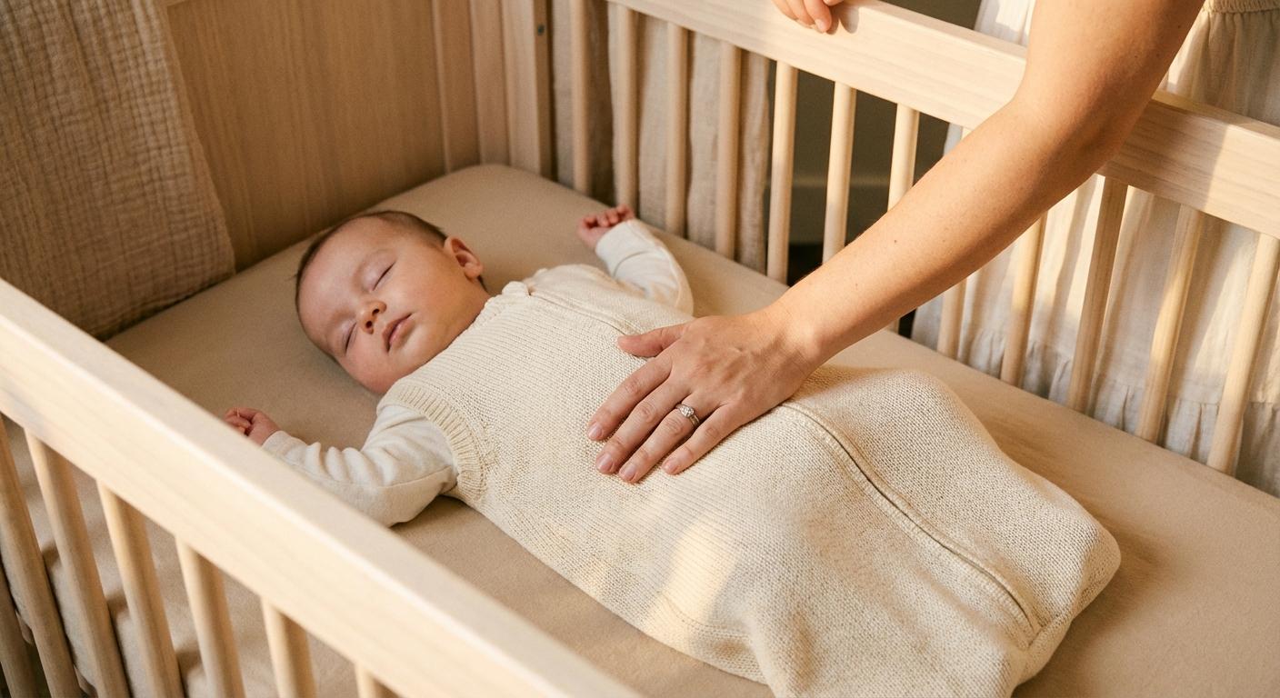 Mom caressing her child to help make baby sleep in his crib