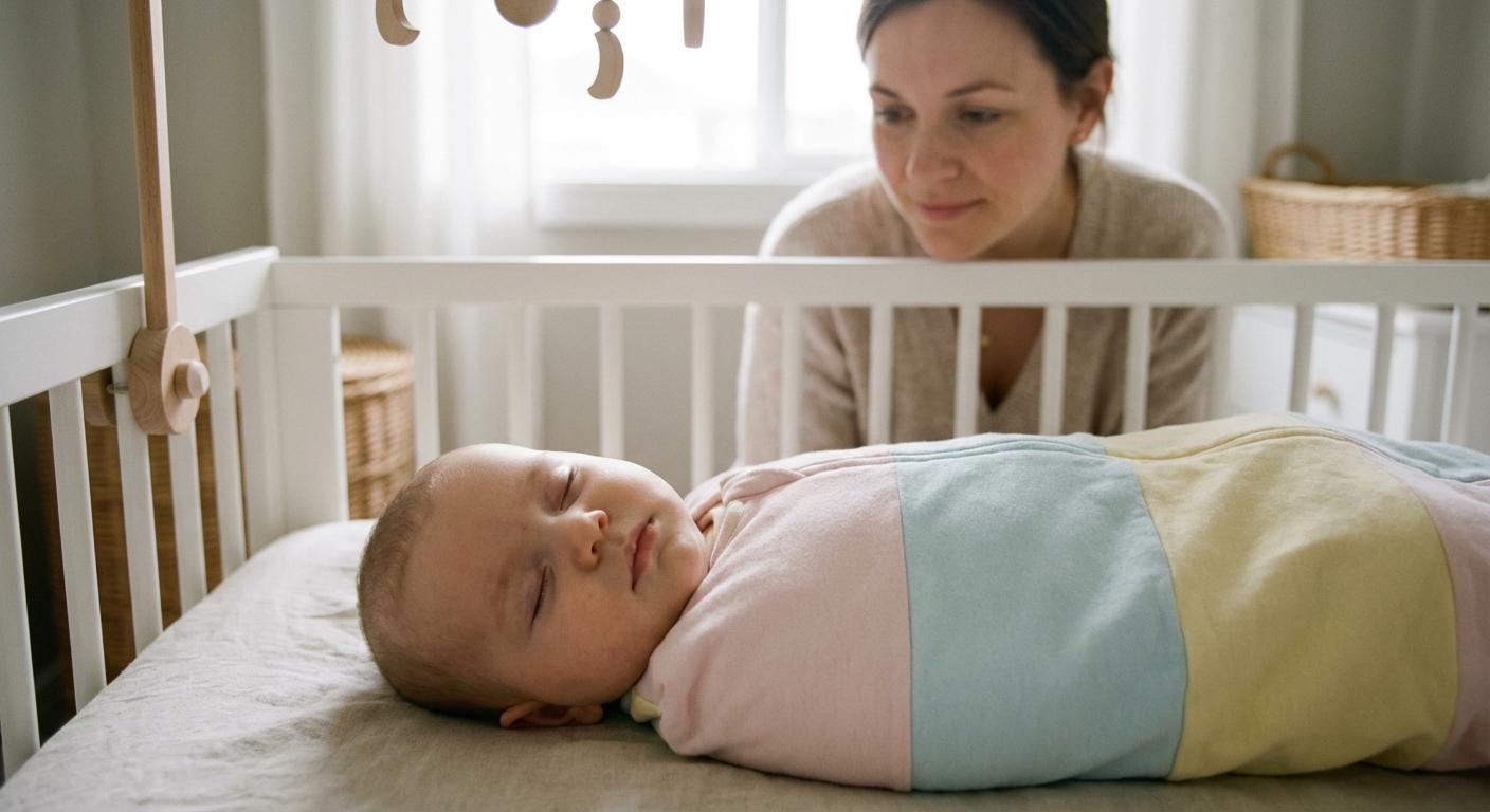 Baby sleeping deeply in their crib under the gaze of their mother who wonders if she should wake baby up