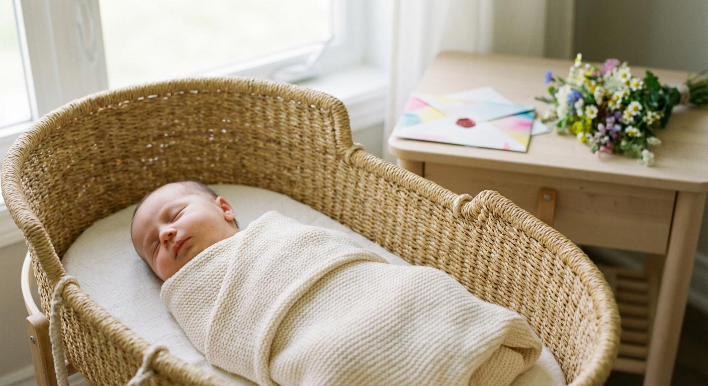 A newborn sleeping peacefully near an envelope evoking sweet birth congratulations