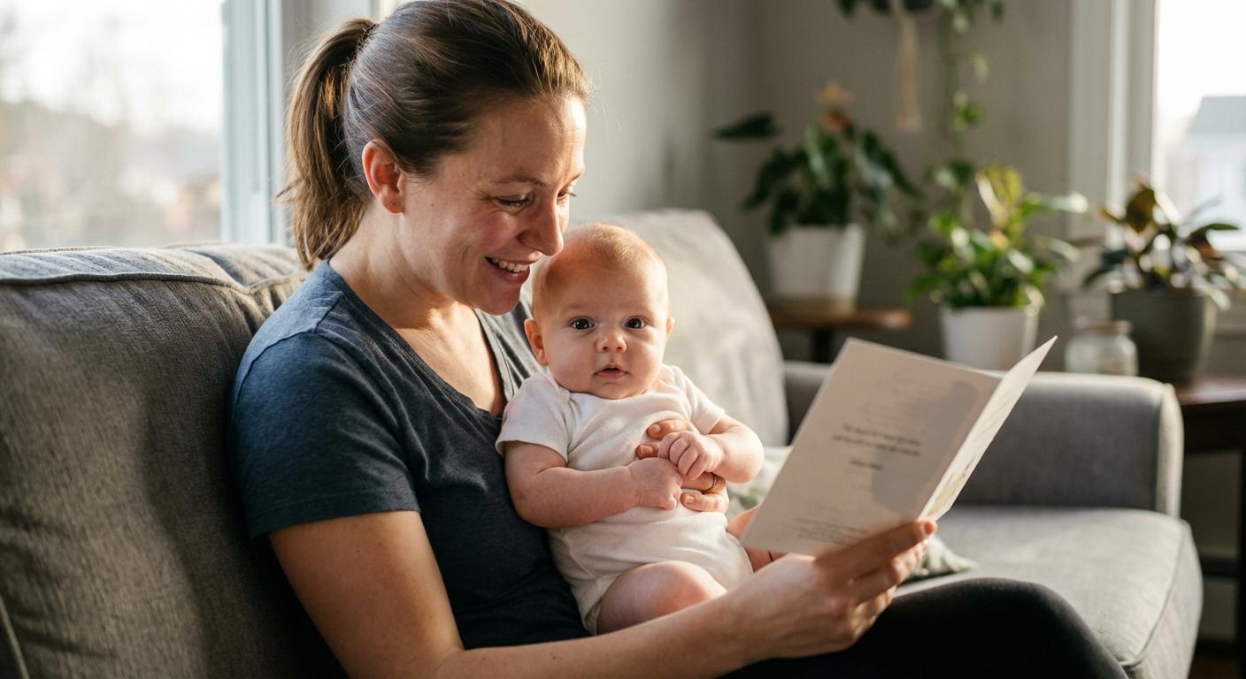 A mother holding her baby and discovering a birth congratulations card in the living room