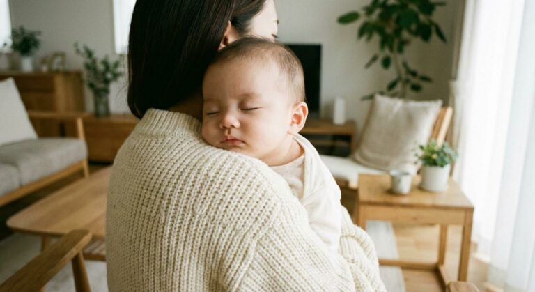 Un nouveau-né dormant contre sa mère illustrant le moment propice à une fuite de lait pendant l'allaitement