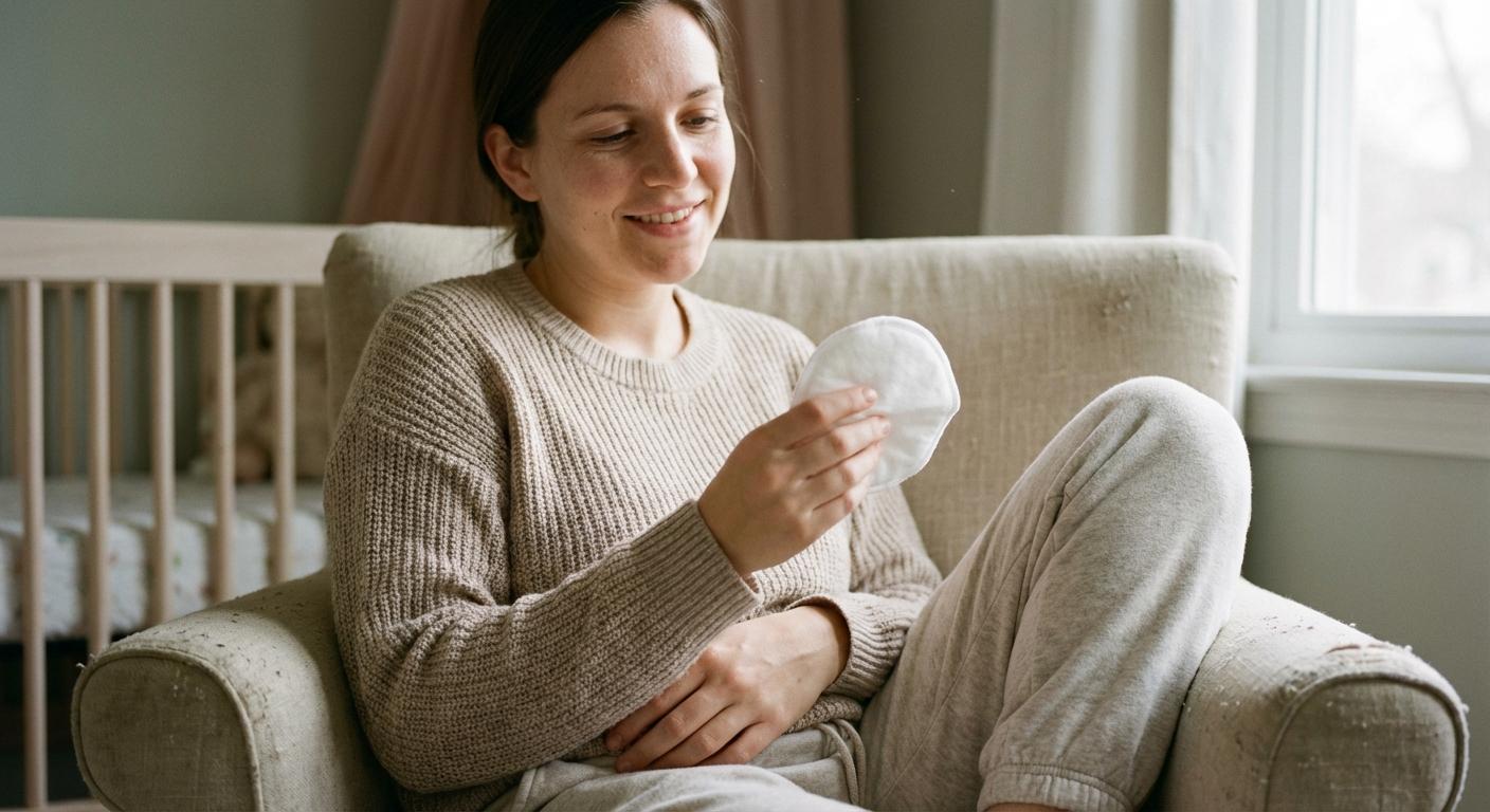 Une maman tenant un coussinet absorbant pour gérer la fuite de lait pendant l'allaitement dans une chambre