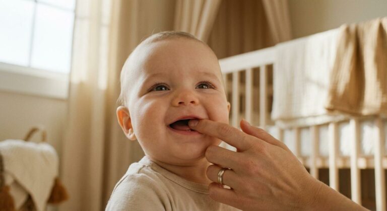 Parent massaging gums with the most effective baby dental gel