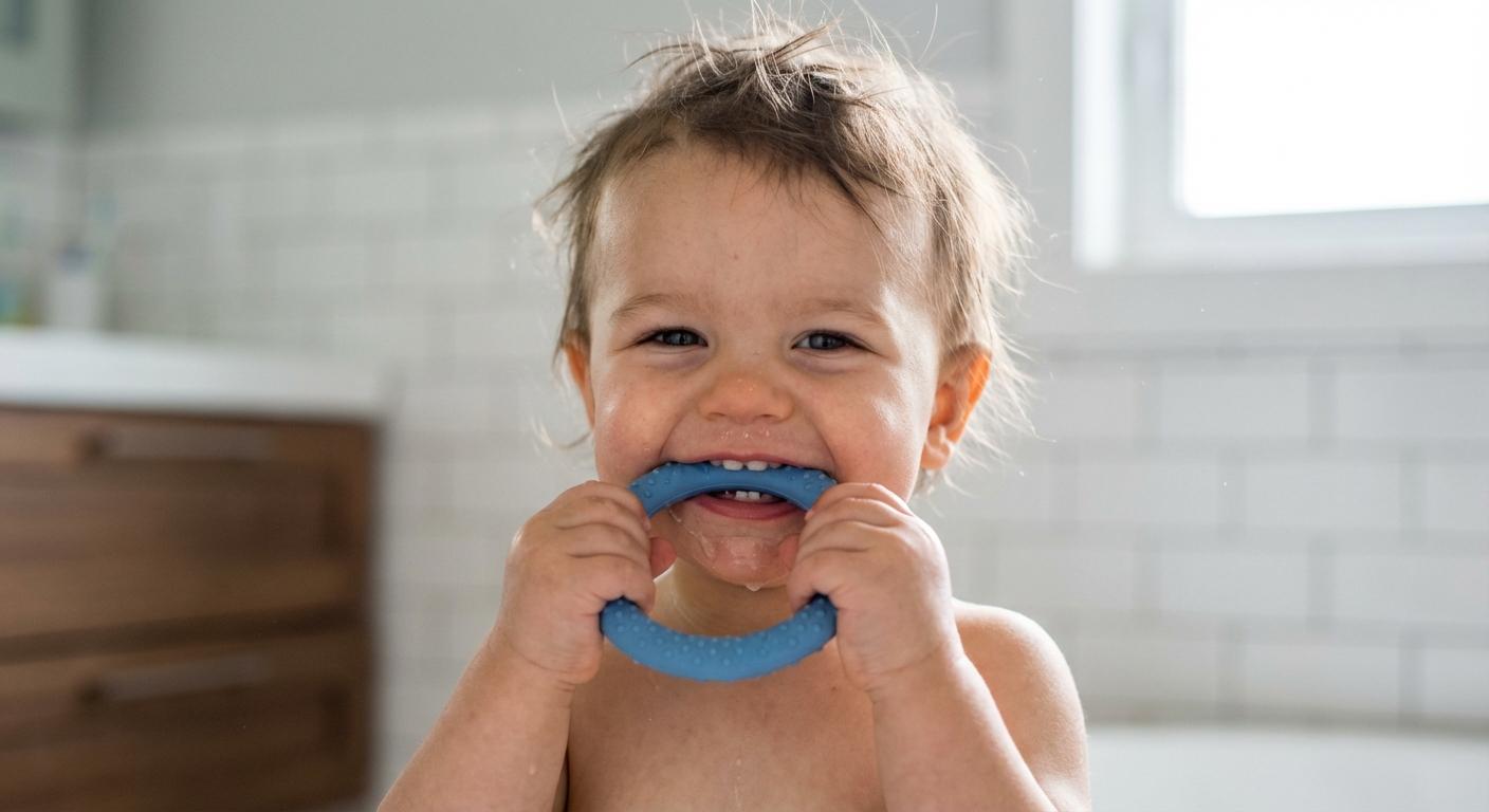 Soothed baby chewing on a teething ring after using the most effective baby dental gel