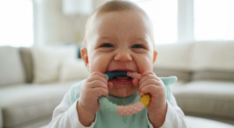A happy baby chewing on a toy to soothe baby gums before 1st tooth