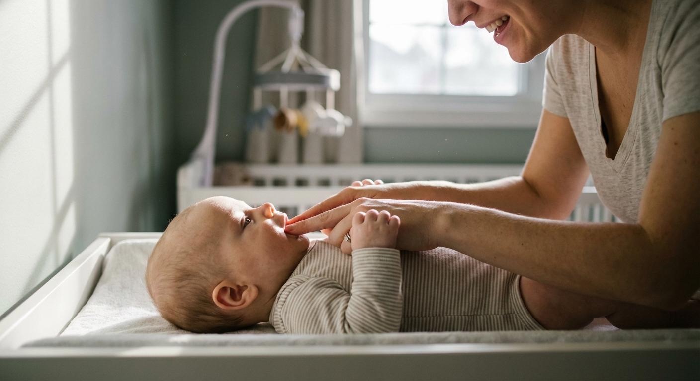 Mom gently massaging baby gums before 1st tooth
