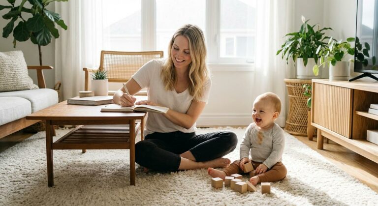 An organized mom writes her schedule in a planner to optimize parent time management while watching her playing baby