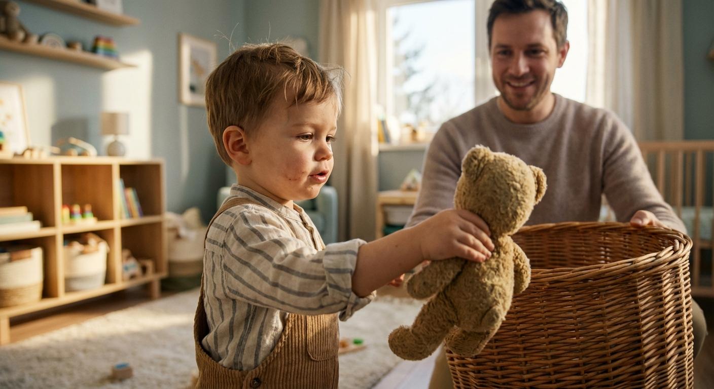 A young child tidying up his toys with his father helping illustrating good parent time management through routines