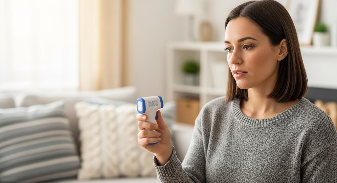 A mom checks the temperature on a thermometer to detect possible baby flu