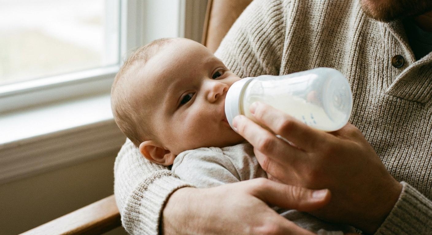 Bébé constipé buvant paisiblement un biberon préparé avec de l'eau Hépar