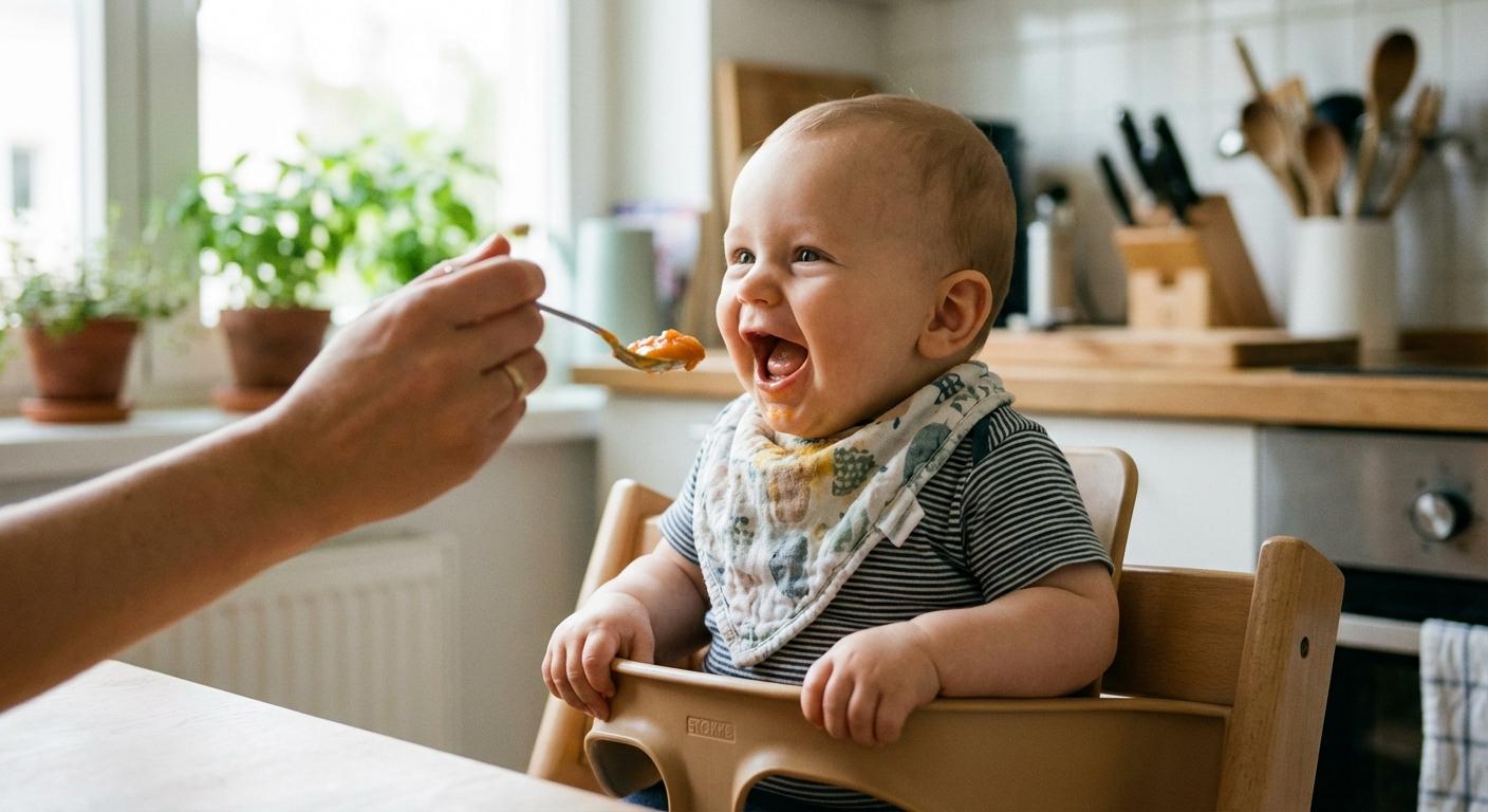 Bébé souriant dans sa chaise haute découvrant la diversification alimentaire selon l'horaire repas bébé de 1 à 12 mois