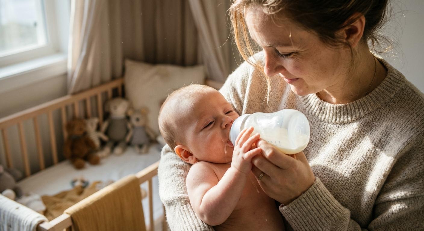 Nouveau-né buvant son lait calmement illustrant le rythme et l'horaire repas bébé de 1 à 12 mois