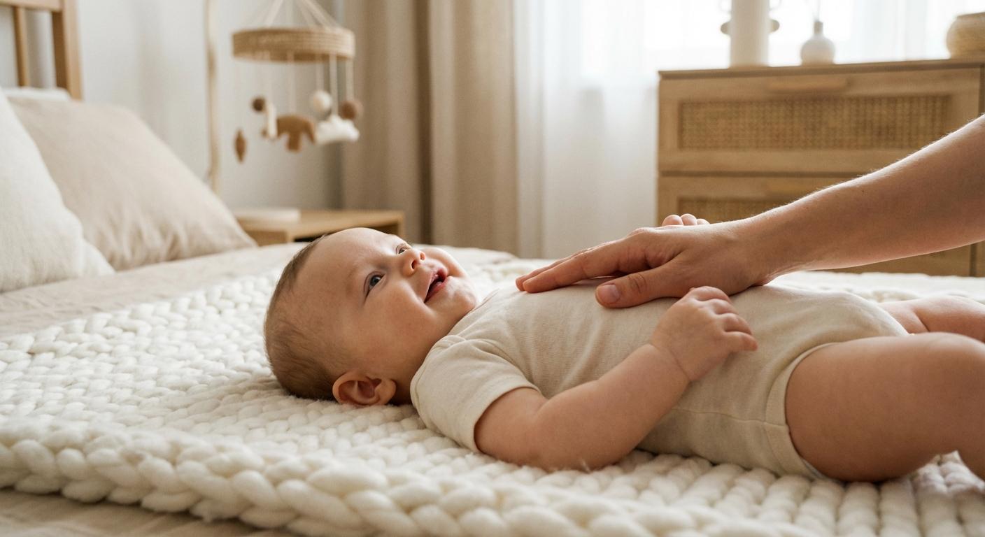 Un bébé souriant recevant un massage doux avec des huiles essentielles bébé diluées