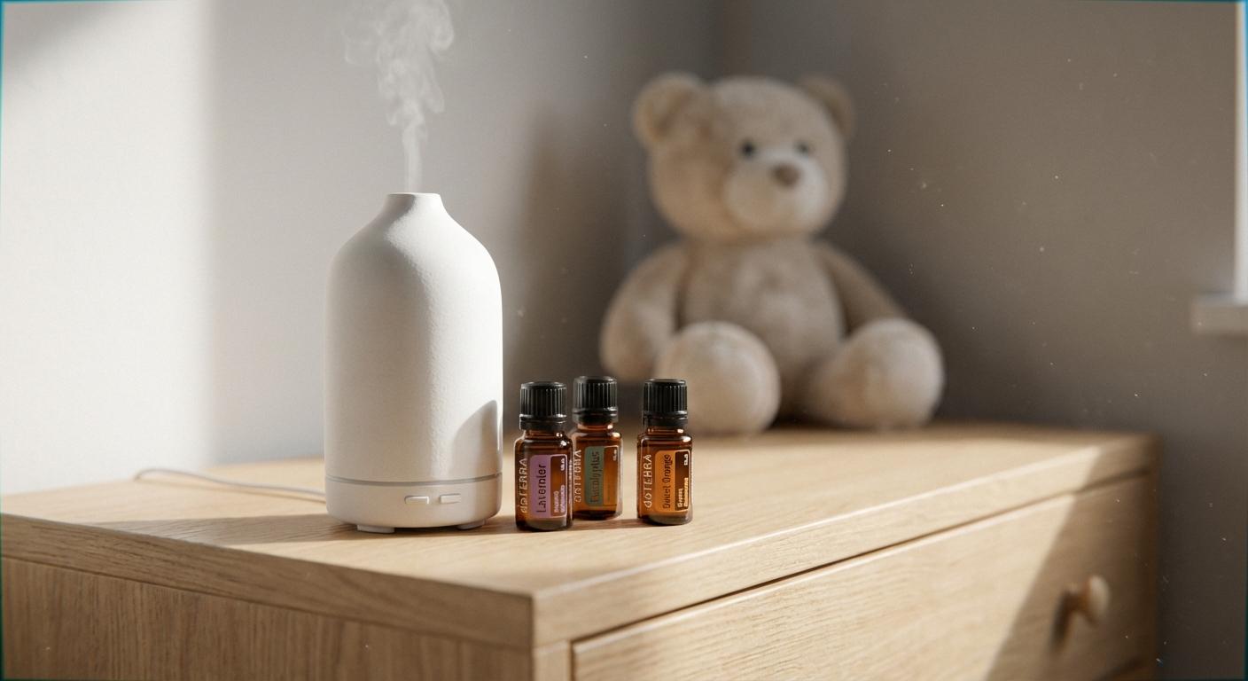 Un diffuseur de brume et des flacons d huiles essentielles bébé sur une commode en bois