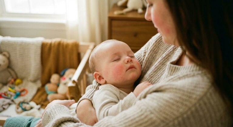 Bébé fiévreux atteint d'une infection pulmonaire dormant paisiblement dans les bras de sa mère