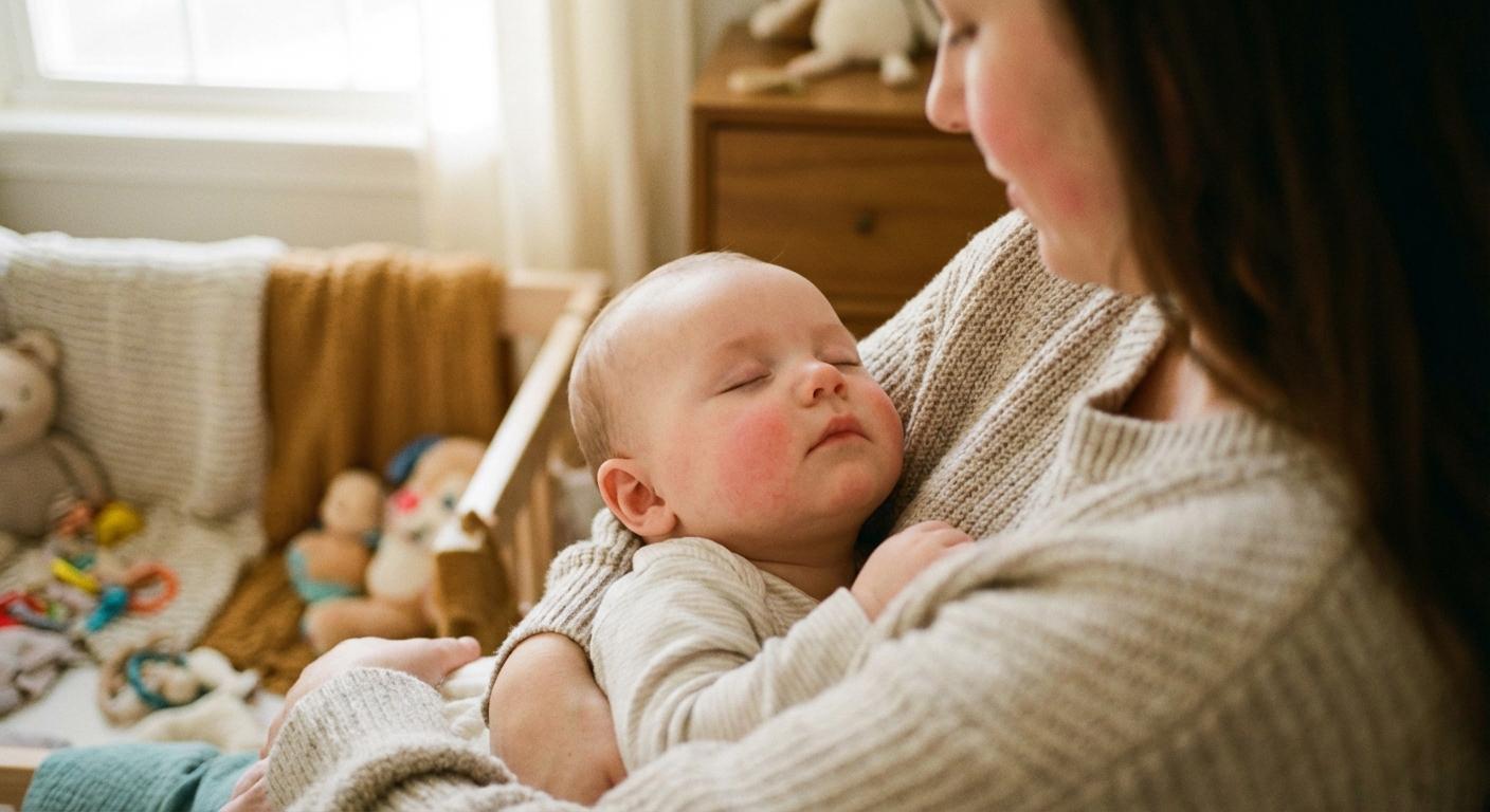 Bébé fiévreux atteint d'une infection pulmonaire dormant paisiblement dans les bras de sa mère