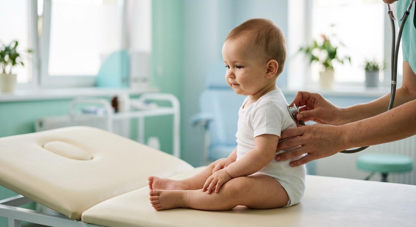 Pédiatre auscultant le dos d'un enfant pour détecter une infection pulmonaire bébé