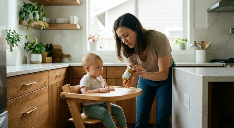 A baby waits for his meal while his mother reads the label to avoid baby gluten intolerance