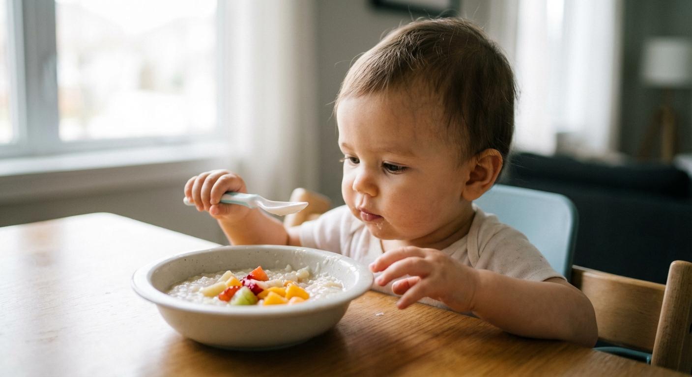 Un jeune enfant découvre un repas sain composé de riz et de fruits compatible avec une intolérance gluten bébé