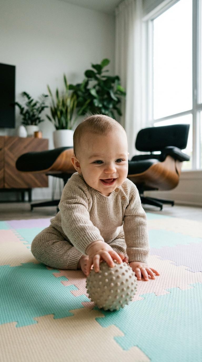 Un bébé souriant assis sur un tapis d'éveil manipule une balle sensorielle illustrant les jeux bébé 0-1 an pour l'apprentissage.