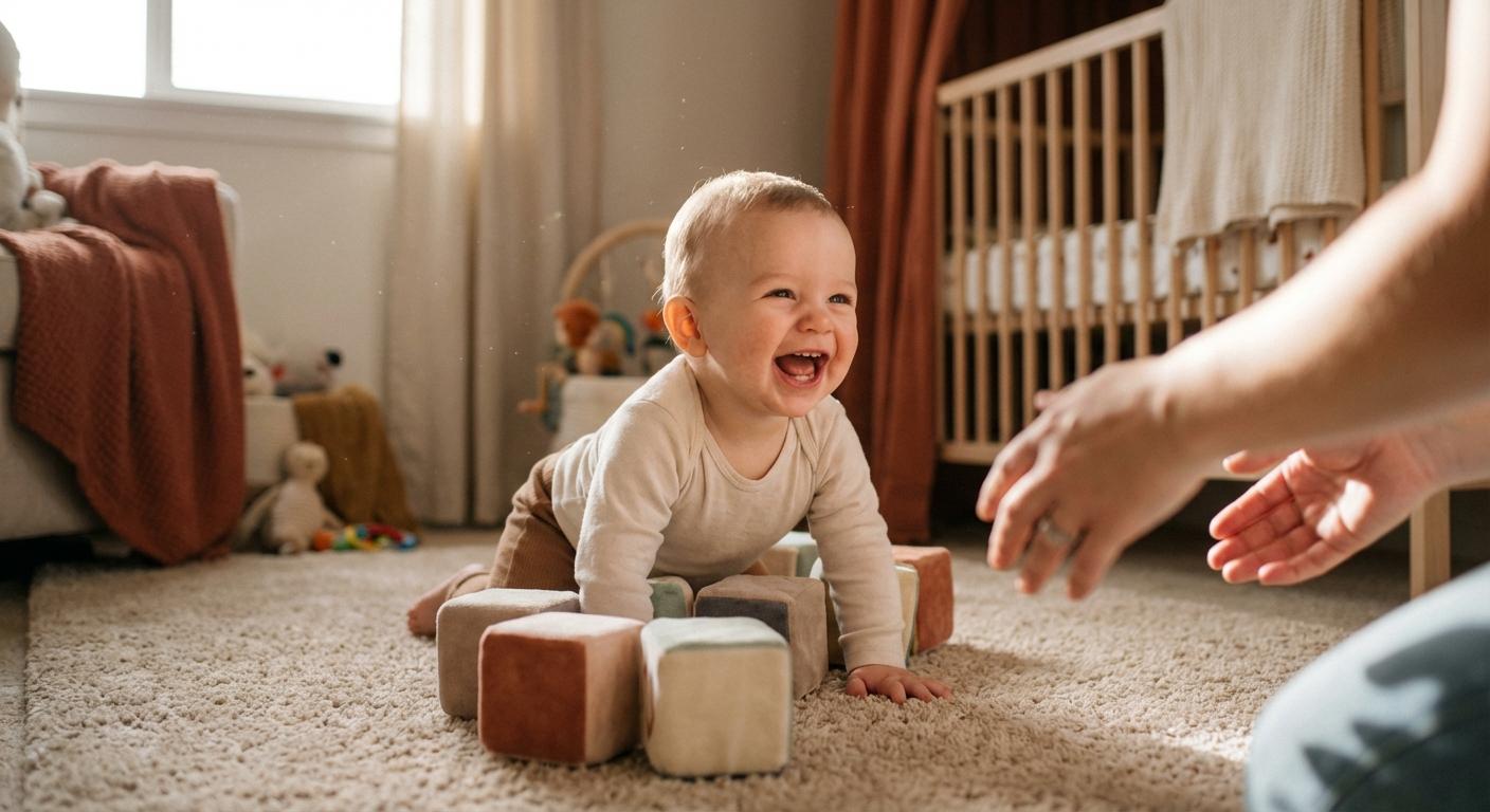 Un jeune enfant s'amuse à renverser une tour de cubes en tissu, exemple classique de jeux bébé 0-1 an pour la motricité.