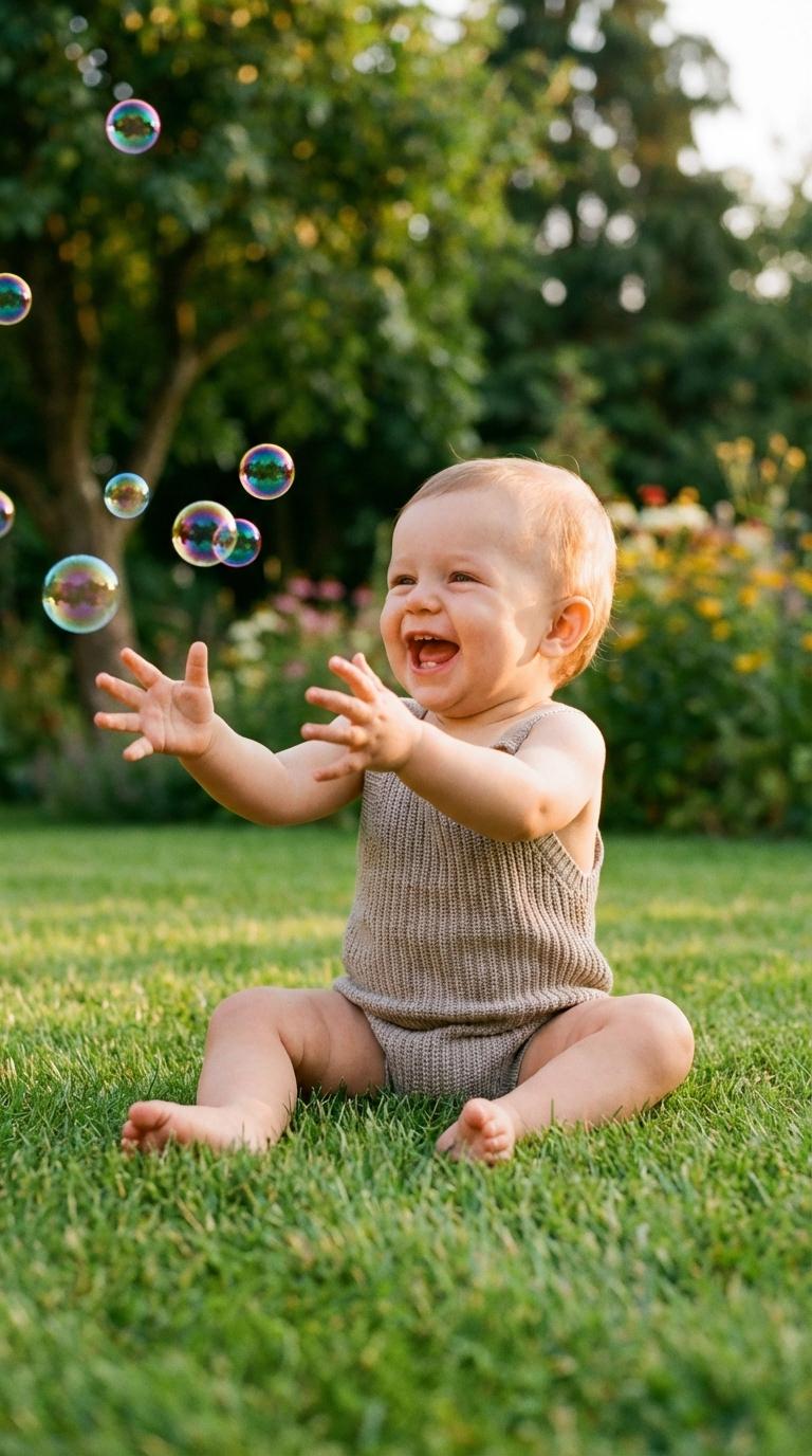 A smiling baby sitting in the grass plays with soap bubbles, illustrating early learning through outdoor baby games.