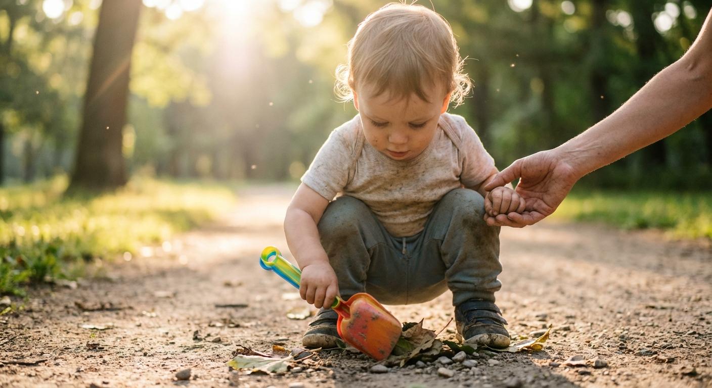 A young child handles nature elements at the park, a simple idea for outdoor baby games to discover the world.