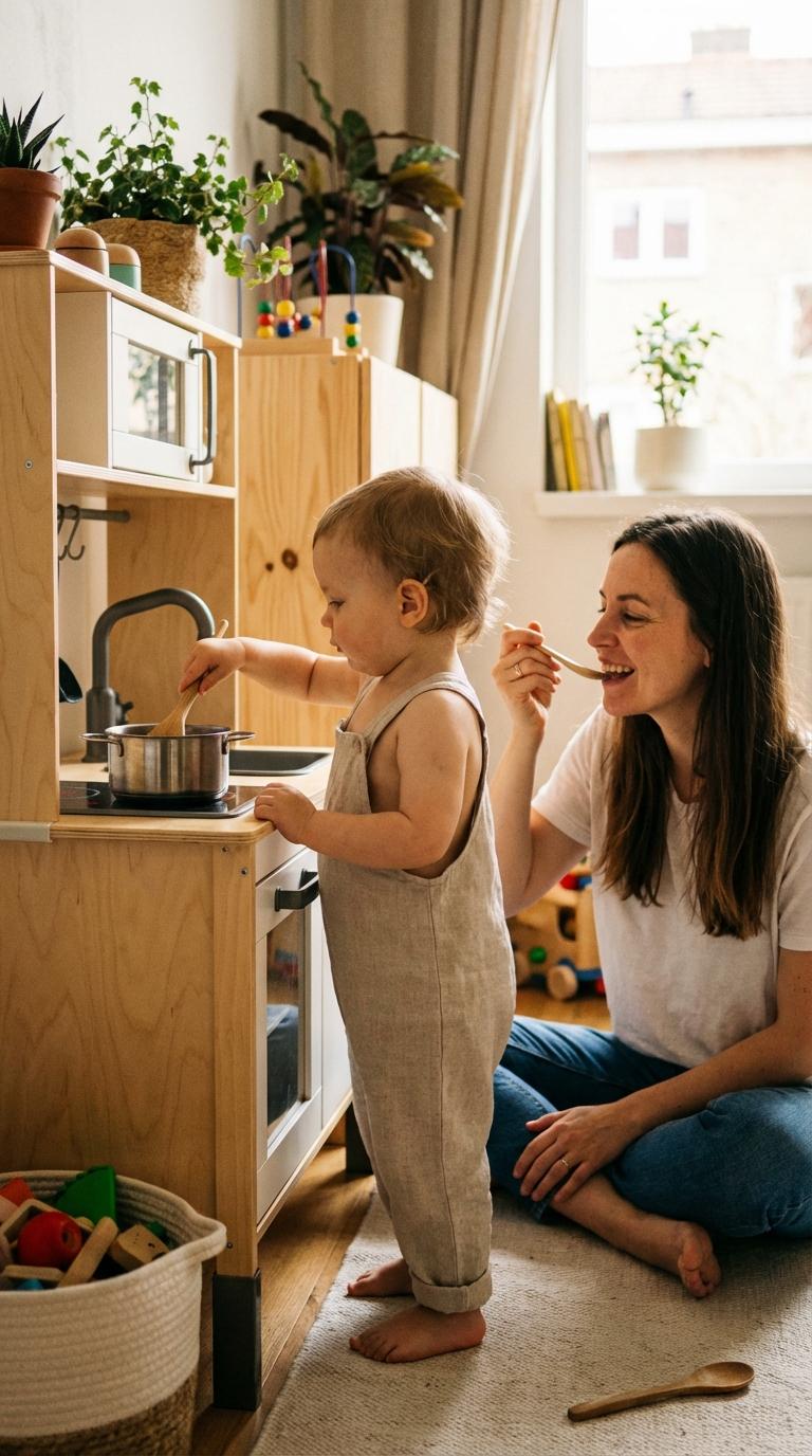 A young child plays with a wooden toy kitchen illustrating baby imitation games with his mom