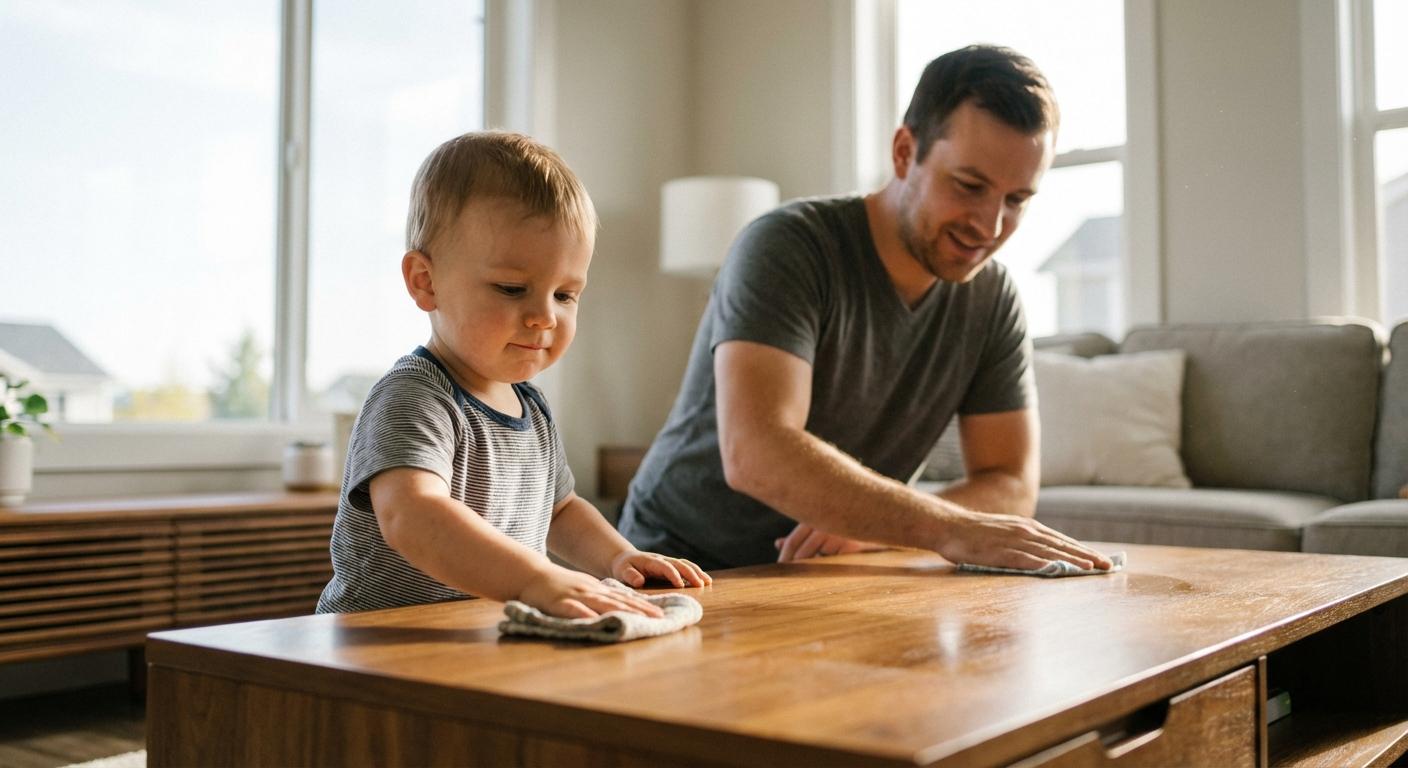 A baby cleans a coffee table with a cloth to be like his dad in the context of baby imitation games
