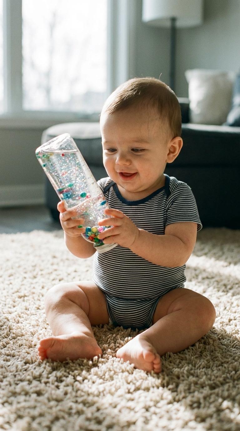 Un bébé assis sur un tapis joue avec une bouteille sensorielle à paillettes, illustrant les jeux sensoriels bébé à fabriquer à la maison.