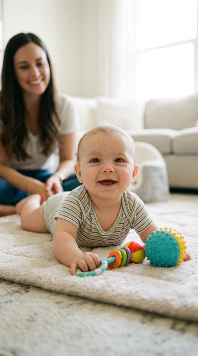 A 6-month-old baby having fun on a mat with various colorful developmental toys for babies 1 to 12 months.