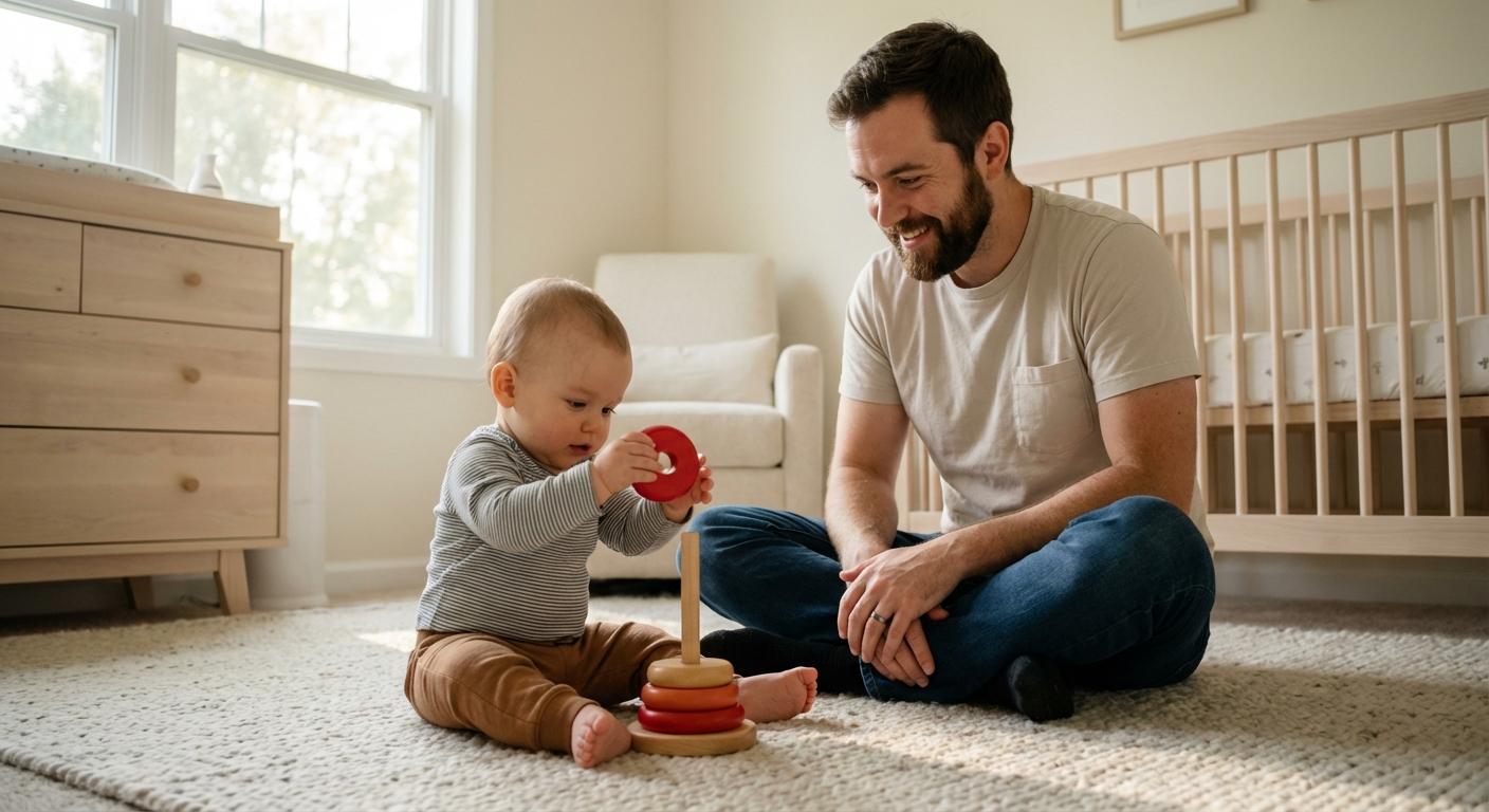 A young child focused on a ring stacker, a perfect example of developmental toys for babies 1 to 12 months.