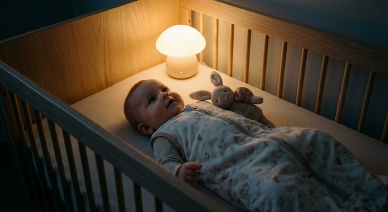 A calm and awake baby in his crib illustrating the reflection on letting baby cry to sleep