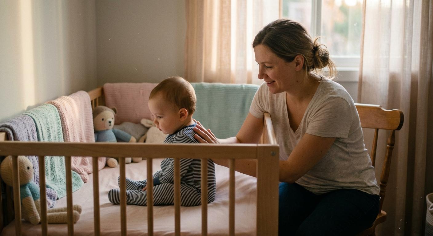 A mom reassuring her child in bed instead of letting baby cry to sleep alone