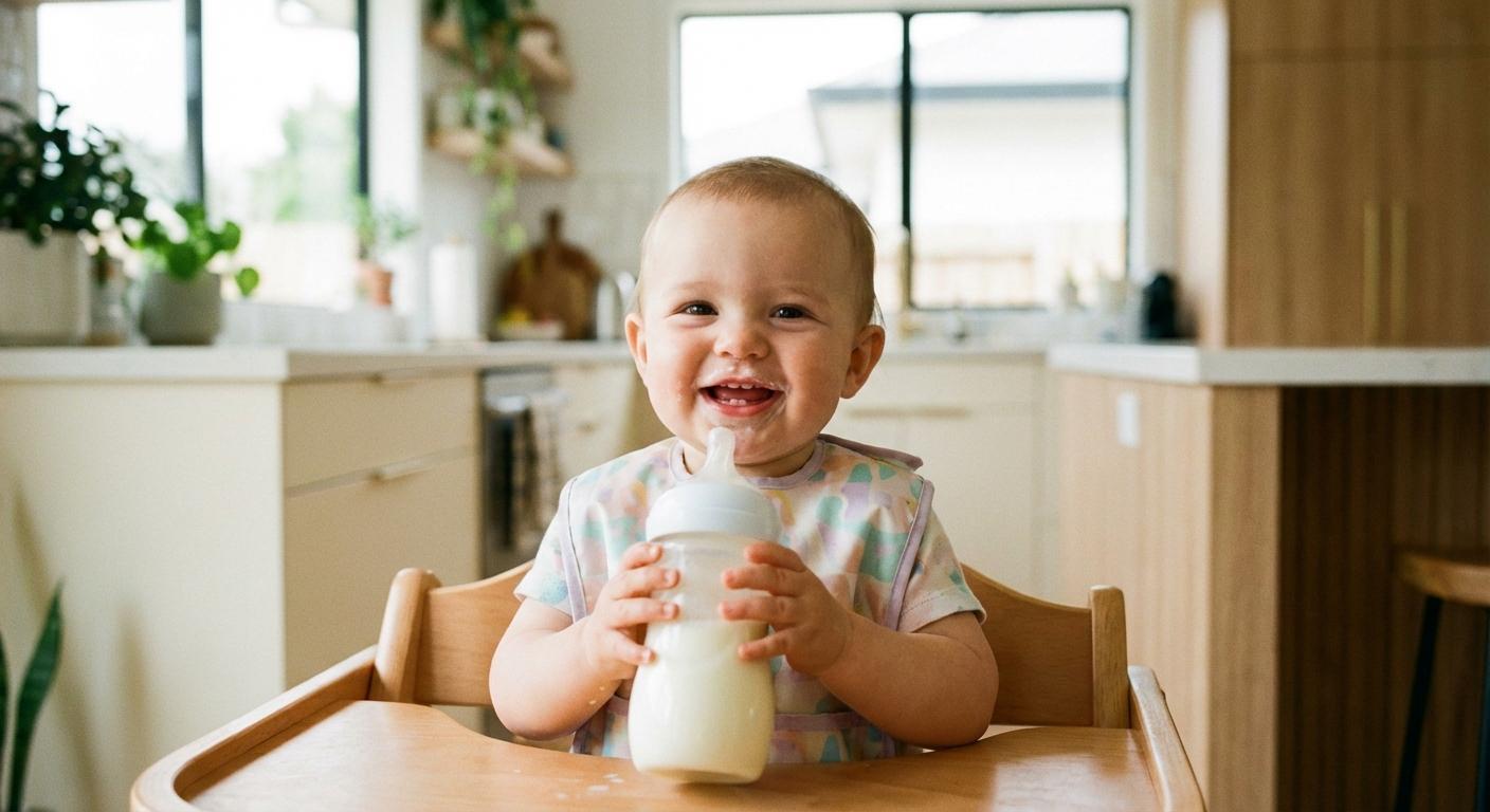 A smiling 12-month-old baby holding a bottle filled with baby cow milk in a kitchen.