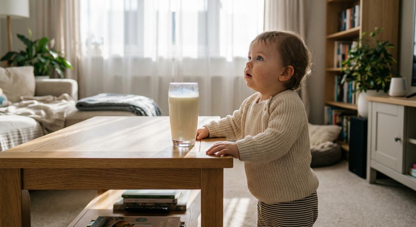 A young child curiously observing a glass of baby cow milk placed on a coffee table.