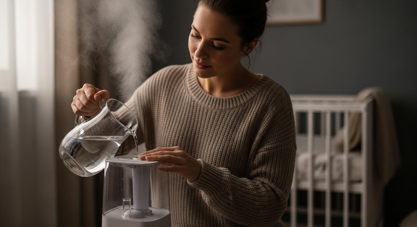 A woman fills a cool-mist humidifier in a softly lit nursery to help soothe symptoms of baby laryngitis.