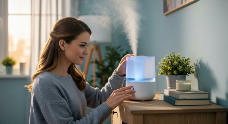 Une maman règle un humidificateur dans une chambre pour soulager les symptômes de la laryngite bébé