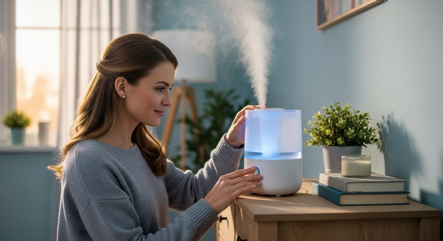 Une maman règle un humidificateur dans une chambre pour soulager les symptômes de la laryngite bébé