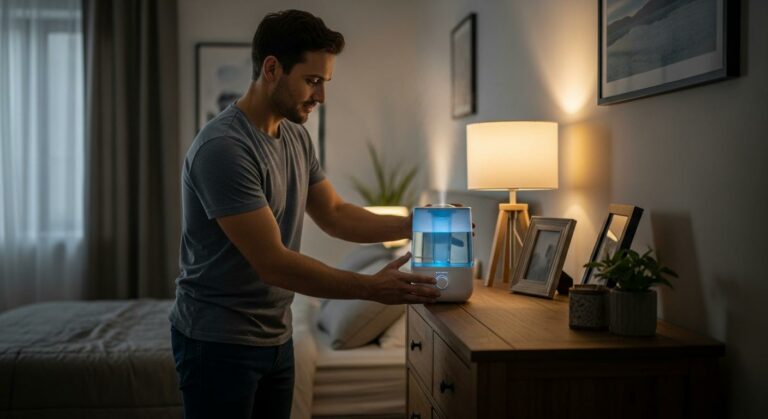 Un père prépare un humidificateur d'air pour soulager les symptômes de la laryngite bébé dans la chambre.
