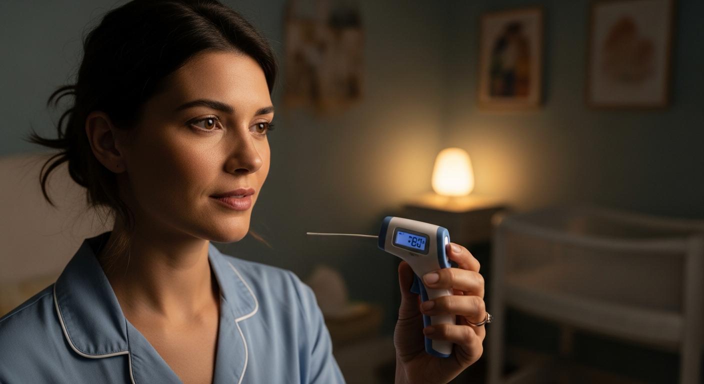 Une mère regarde un thermomètre dans une chambre pour surveiller la laryngite bébé