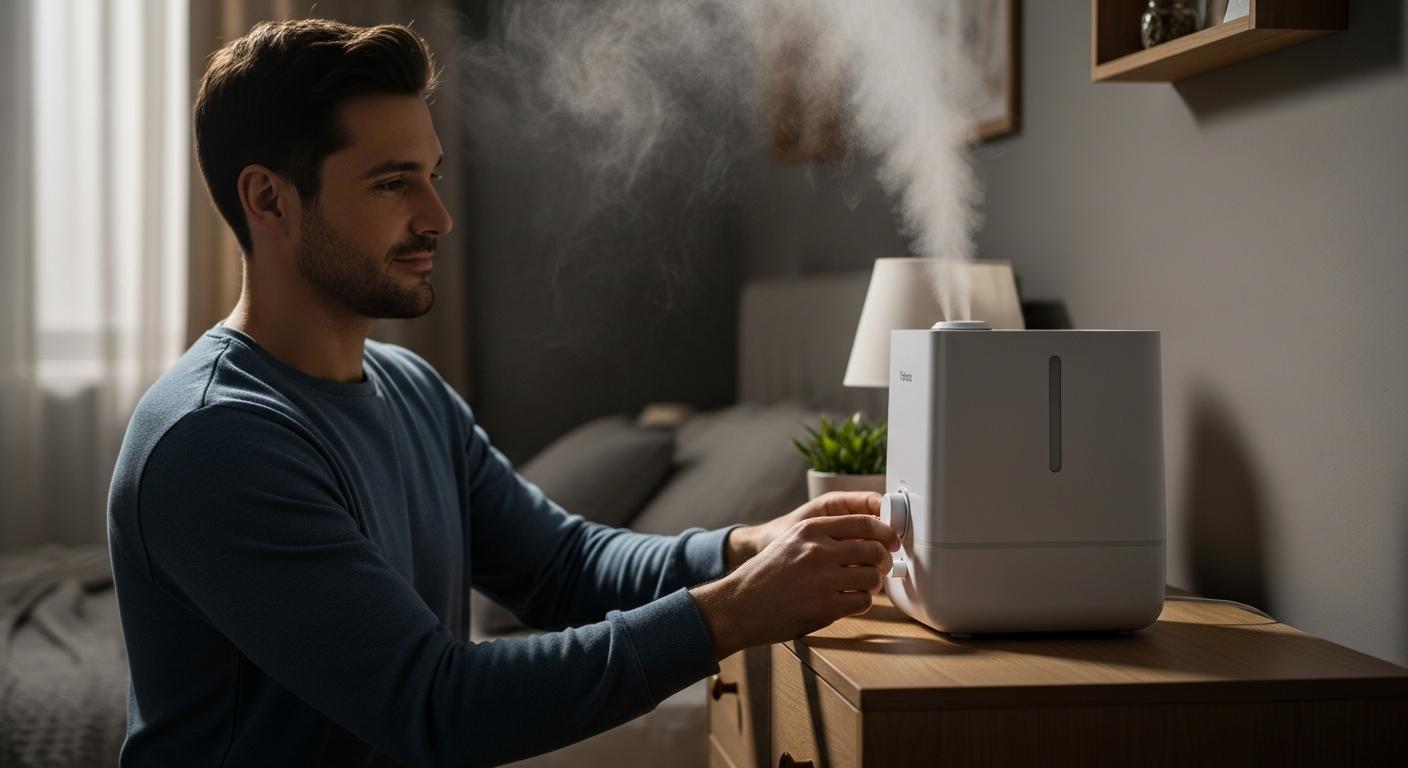 Un papa règle un humidificateur d air dans la chambre pour soulager la laryngite bébé