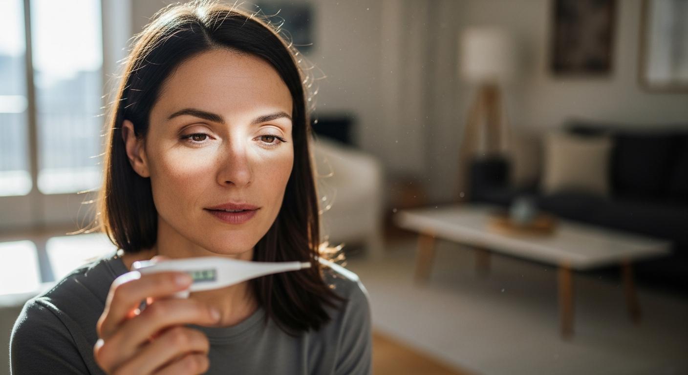 Une maman regarde attentivement un thermomètre pour surveiller la fièvre souvent associée à la laryngite bébé.