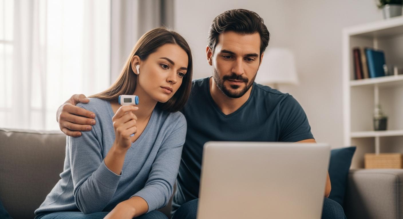 A couple of young parents sit on a sofa discussing medical advice for baby laryngitis over a telehealth call on a laptop.