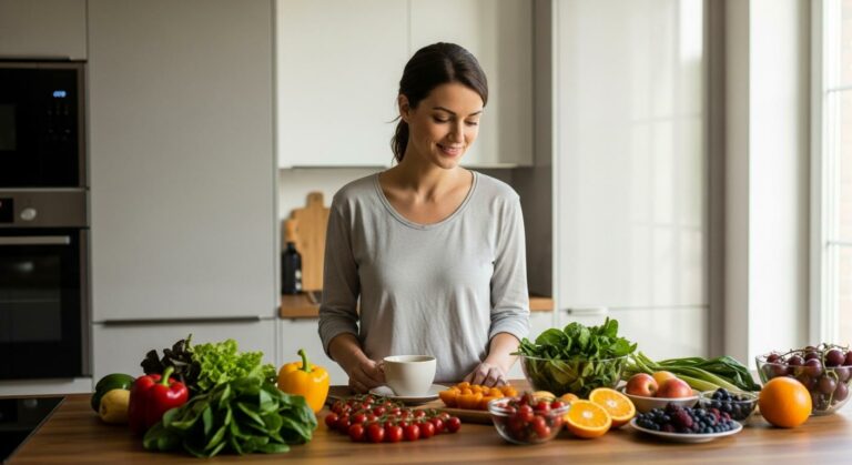 Une femme souriante dans sa cuisine devant des fruits frais et une tasse de café, illustrant la réflexion sur la liste des aliments à éviter pendant l'allaitement.